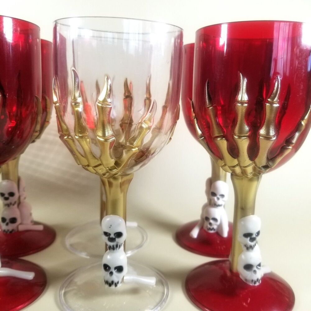 Halloween Goblet Plastic Skull Claw Glasses Halloween Party Red Gold Lot of 8